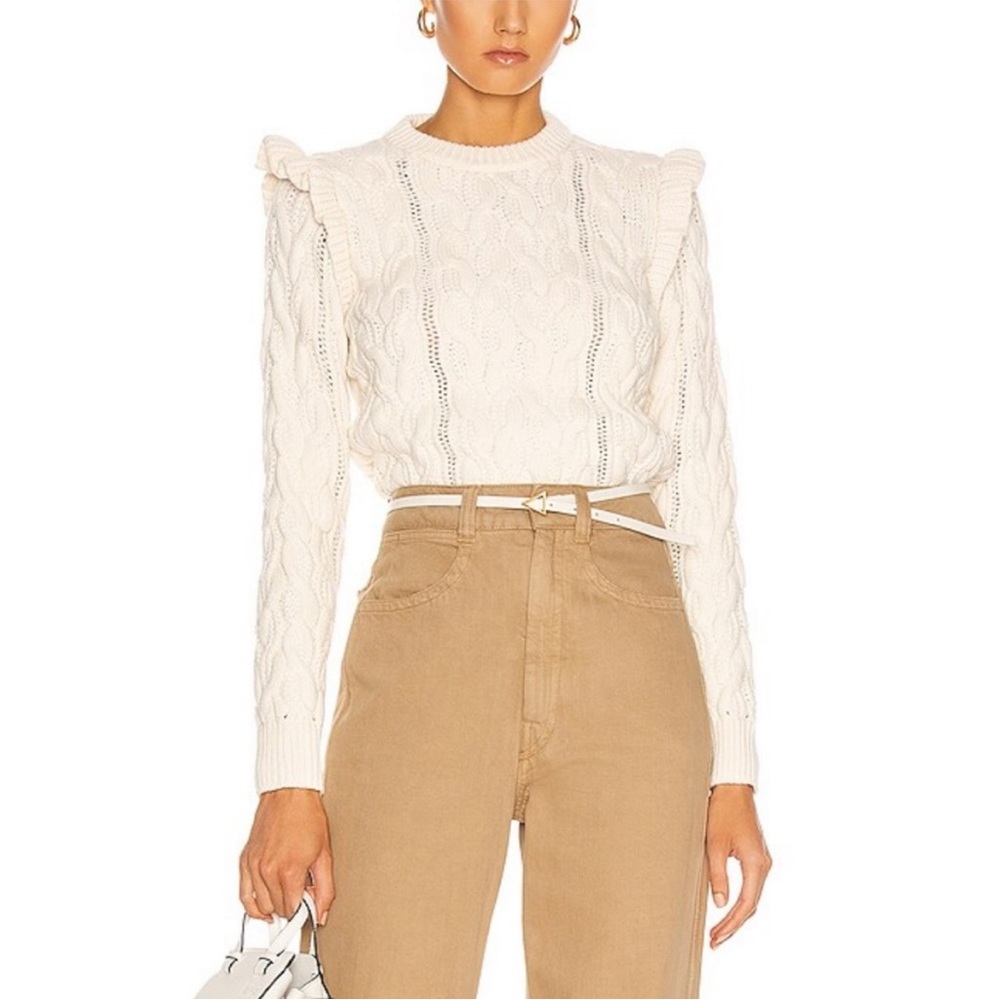 FRAME Womens Size XS Sofia Ruffled Cable Knit Sweater in Off White